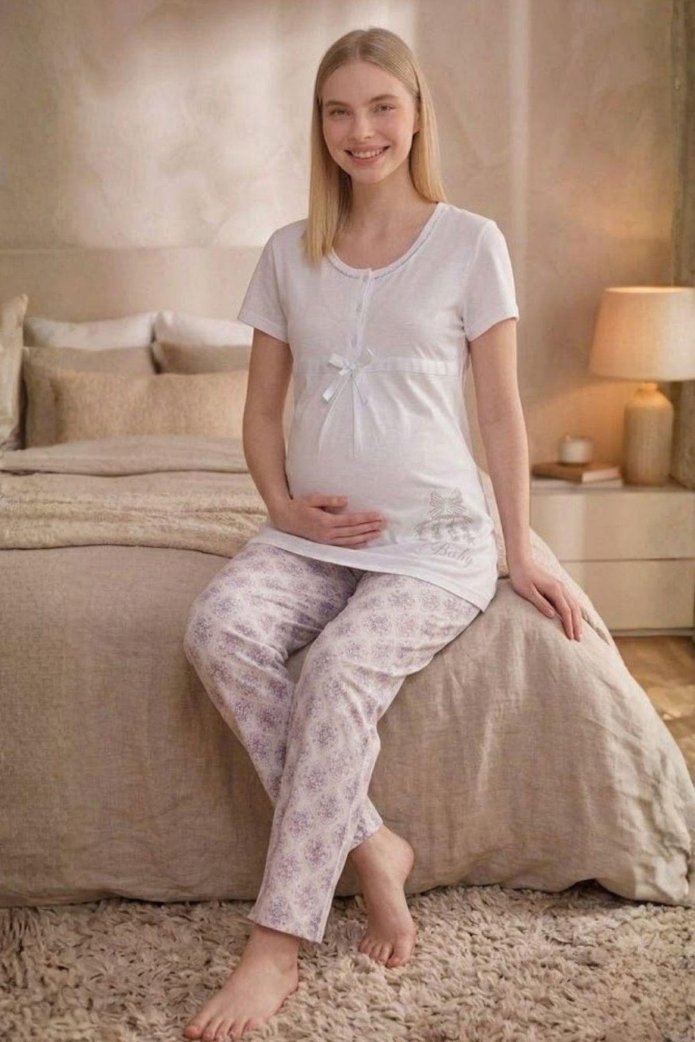 Mecit Pijama Mecit 6350 Ekru Hamile Lohusa Pijama Takımı