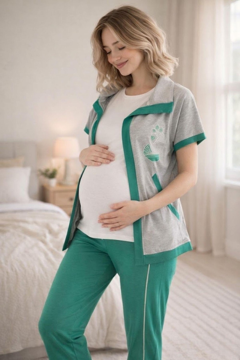 Mecit Pijama Mecit 6352 Yeşil 3'lü Hamile Lohusa Pijama Takımı
