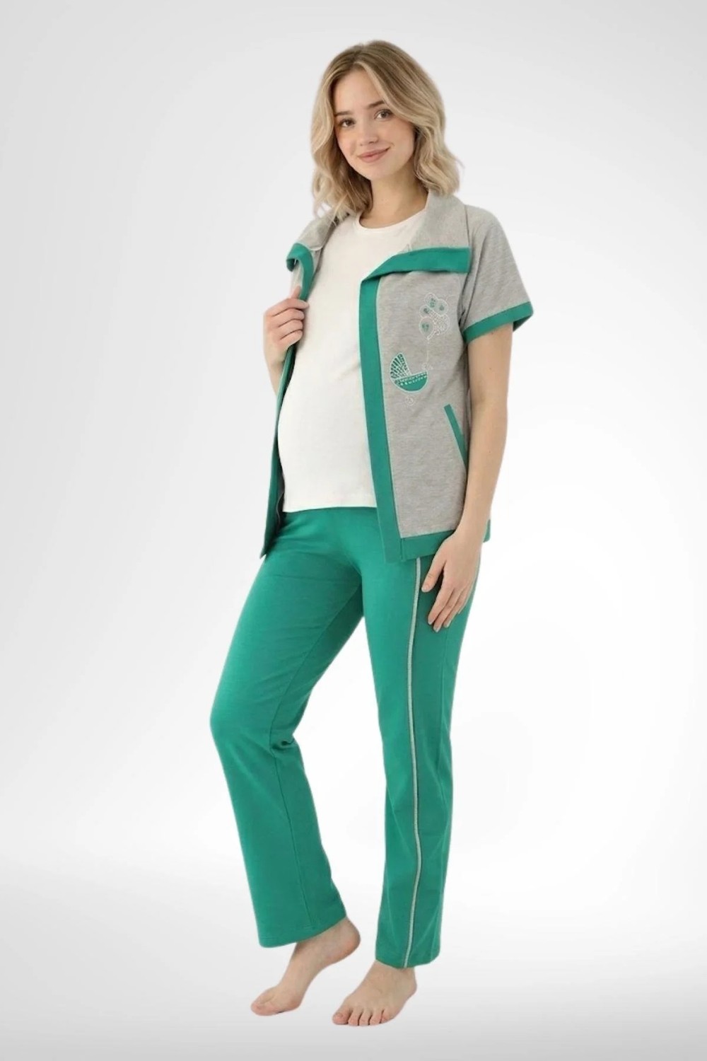 Mecit Pijama Mecit 6352 Yeşil 3'lü Hamile Lohusa Pijama Takımı görsel 2