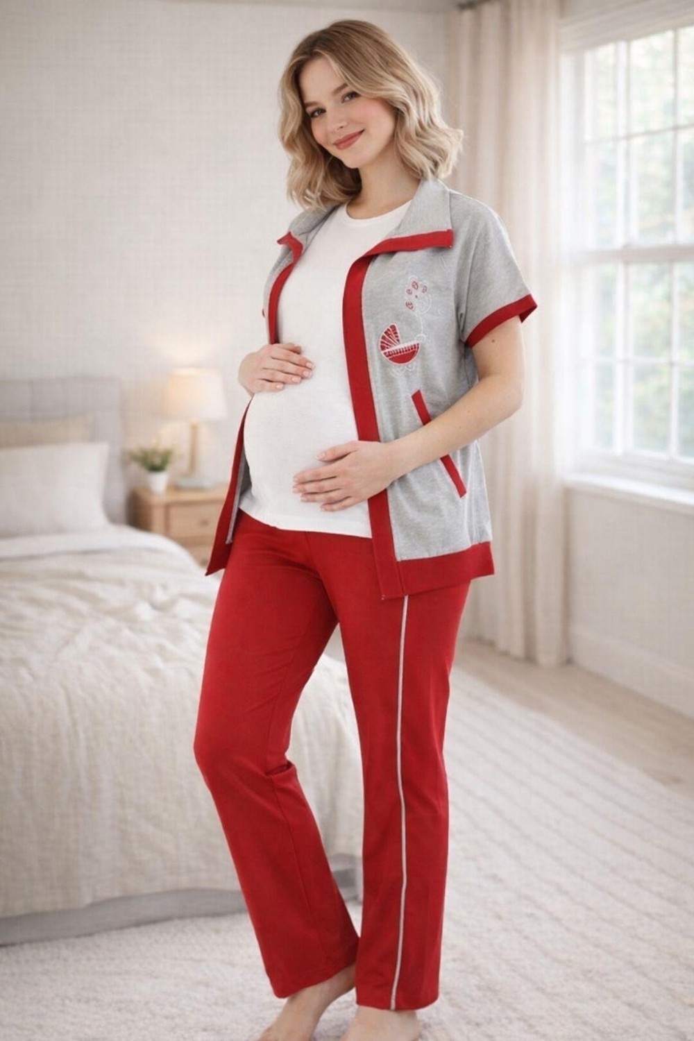 Mecit Pijama Mecit 6352 Kırmızı 3'lü Hamile Lohusa Pijama Takımı