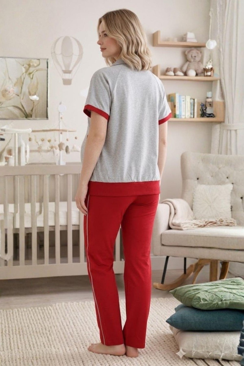 Mecit Pijama Mecit 6352 Kırmızı 3'lü Hamile Lohusa Pijama Takımı görsel 2