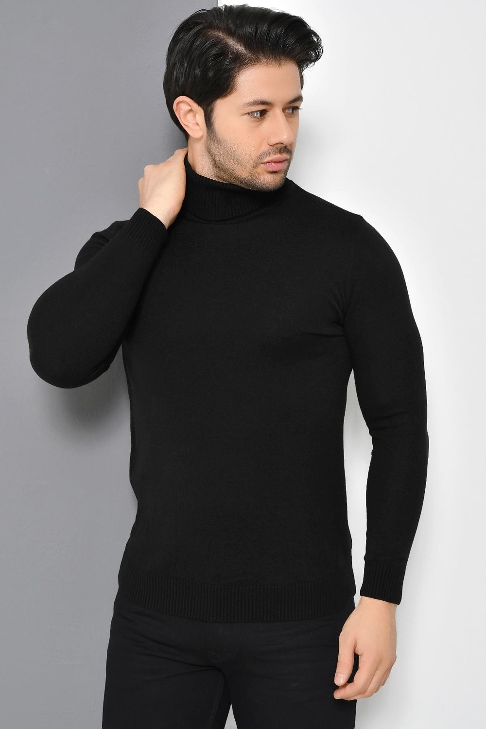 Tena Moda Tenda Moda Erkek Siyah Tam Balıkçı Yaka Basic Triko Kazak Günlük Tarzda Düz Desenli