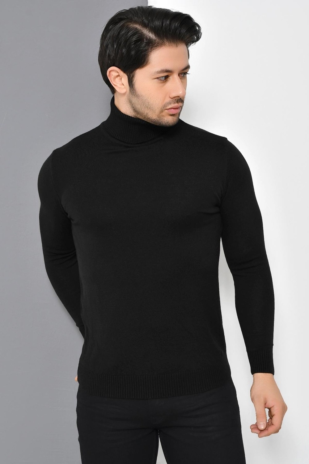 Tena Moda Tenda Moda Erkek Siyah Tam Balıkçı Yaka Basic Triko Kazak Günlük Tarzda Düz Desenli görsel 2