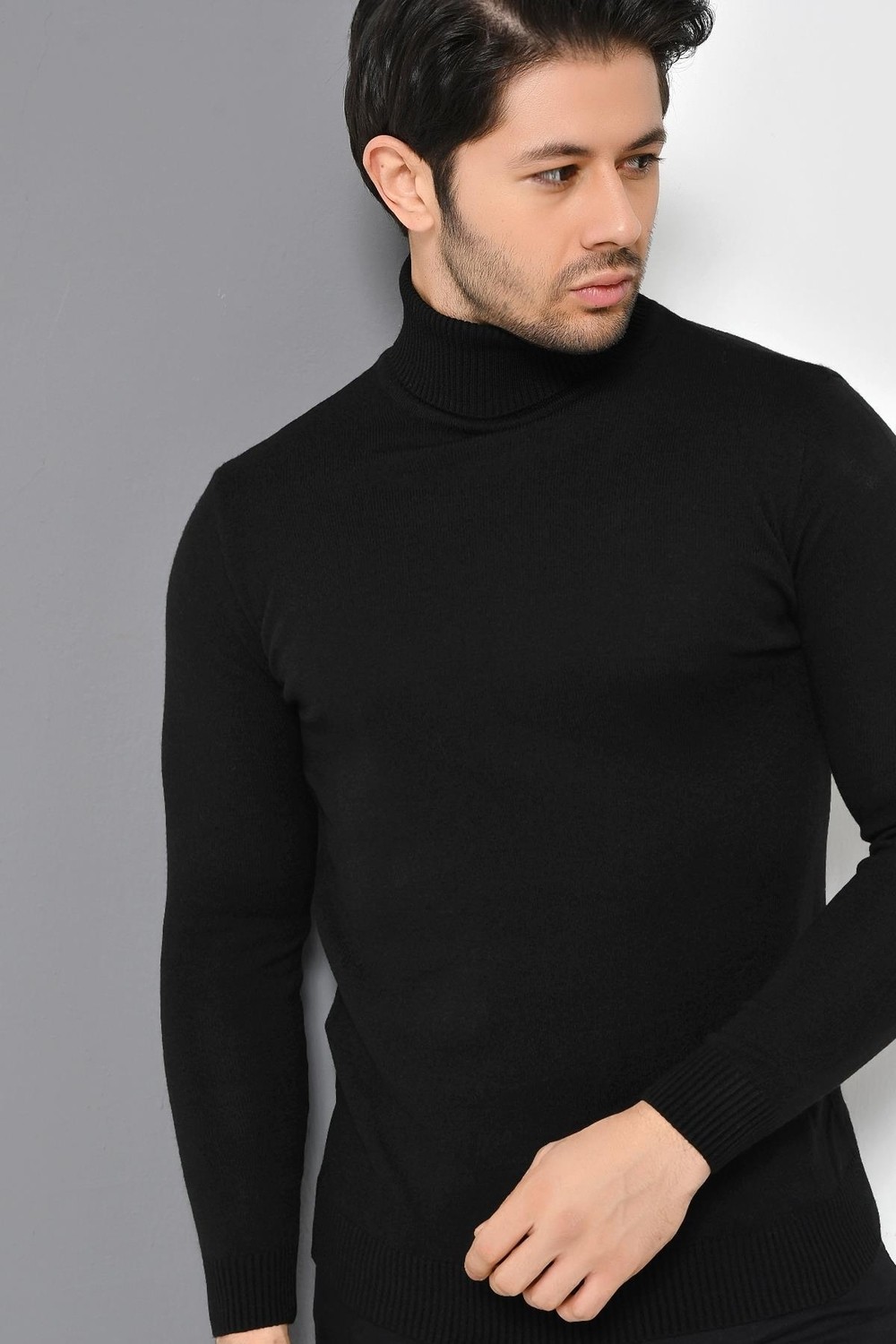 Tena Moda Tenda Moda Erkek Siyah Tam Balıkçı Yaka Basic Triko Kazak Günlük Tarzda Düz Desenli görsel 3