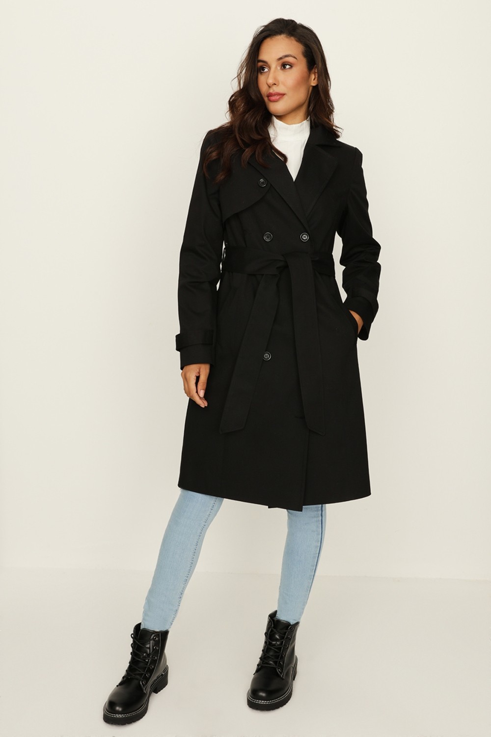 Select Moda Kadın Siyah Uzun Trençkot Kemerli Tasarım %65 Polyester %35 Cotton ile Şıklık görsel 2