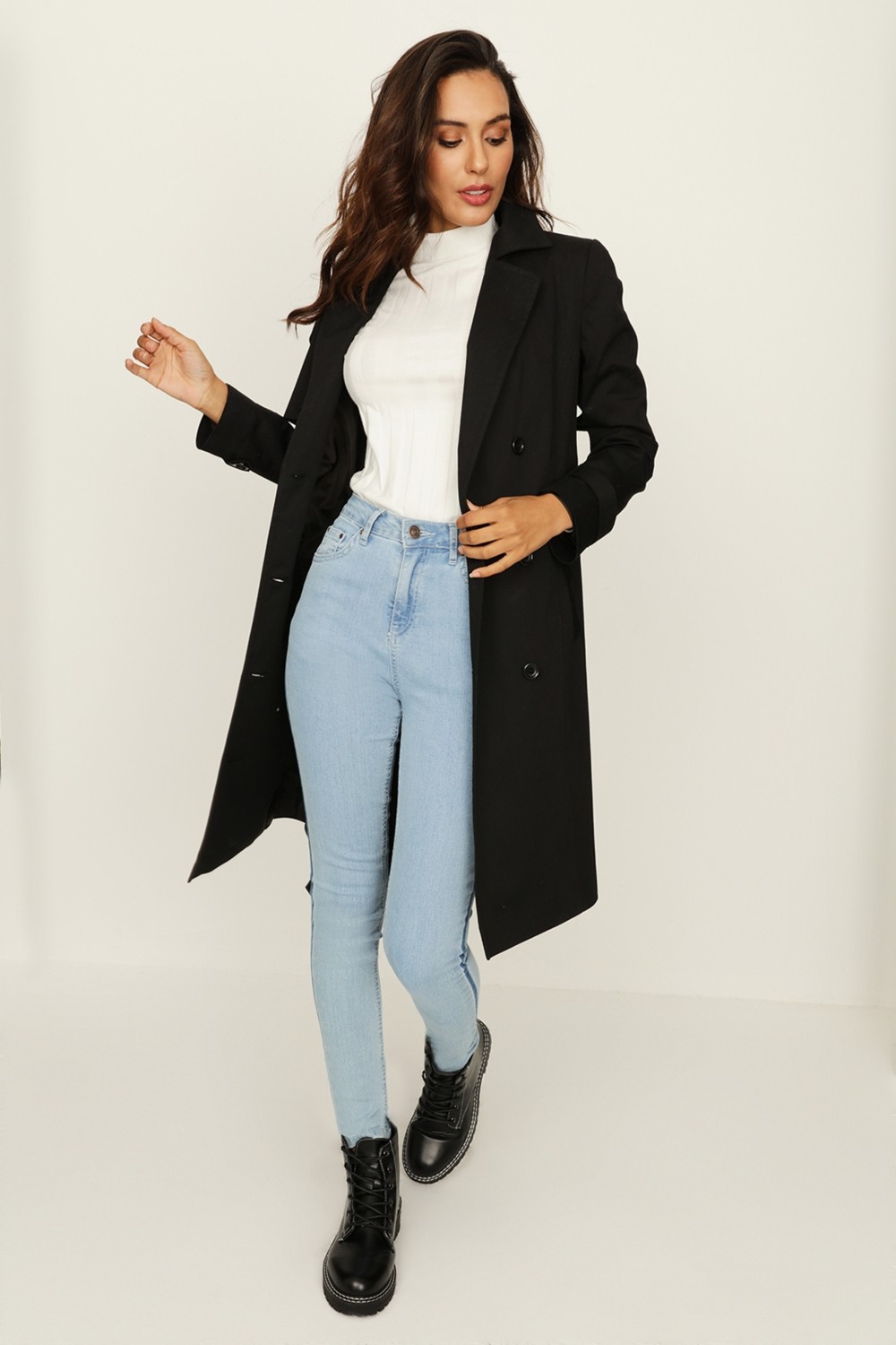 Select Moda Kadın Siyah Uzun Trençkot Kemerli Tasarım %65 Polyester %35 Cotton ile Şıklık görsel 3