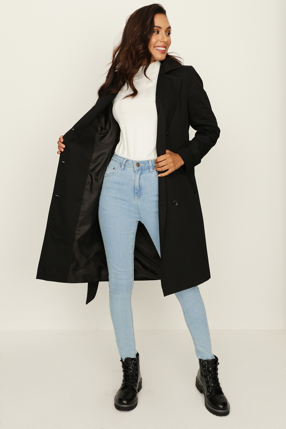 Select Moda Kadın Siyah Uzun Trençkot Kemerli Tasarım %65 Polyester %35 Cotton ile Şıklık görsel 4