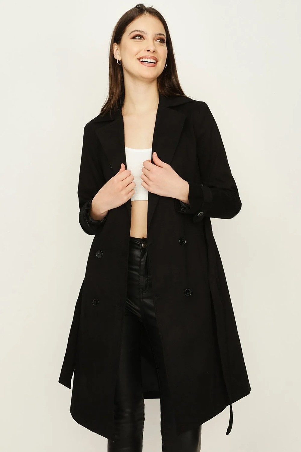 Select Moda Kadın Siyah Uzun Trençkot Kemerli Tasarım %65 Polyester %35 Cotton ile Şıklık görsel 8