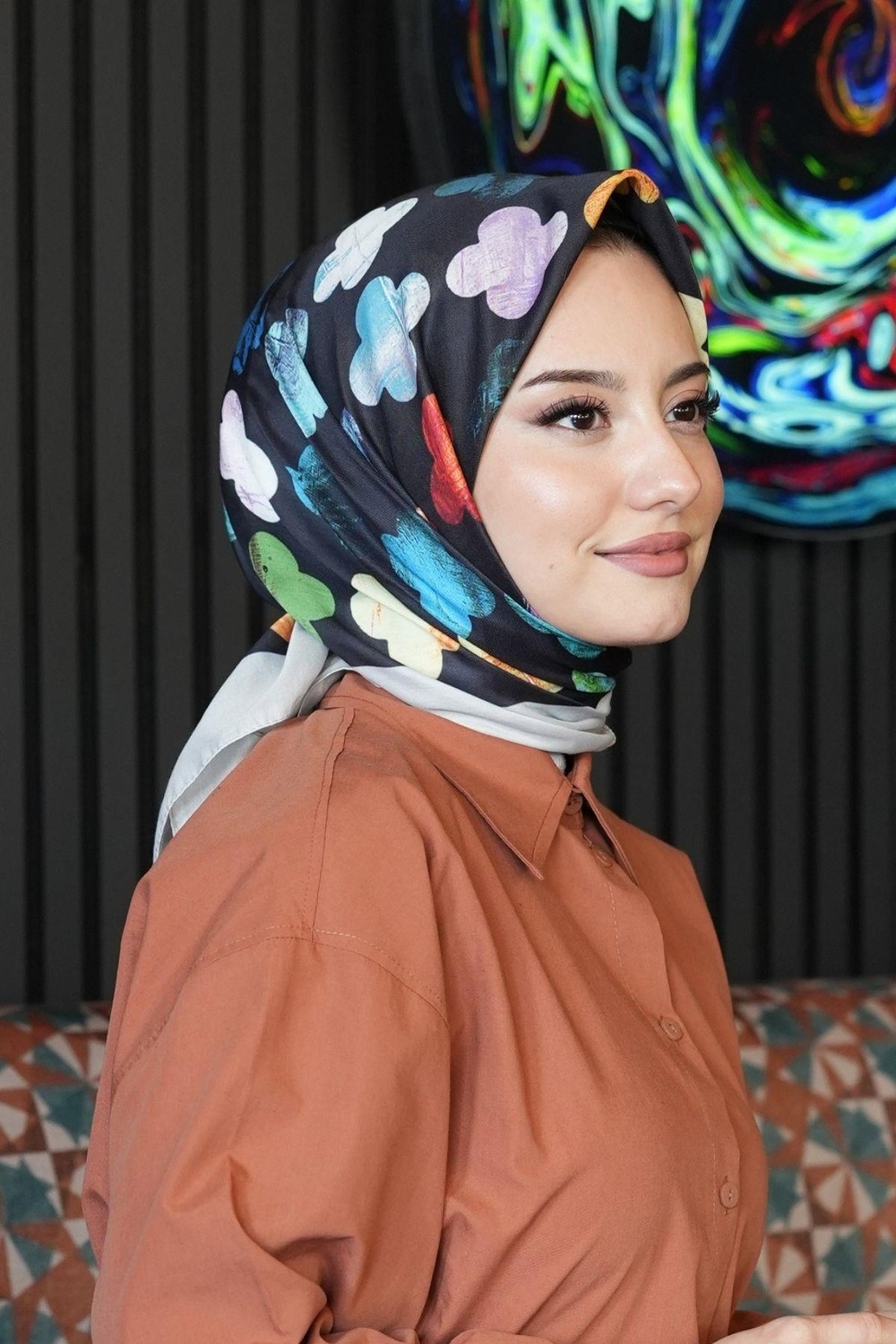Afvente Geometrik Desen Mavi Soft Pamuk Eşarp görsel 6