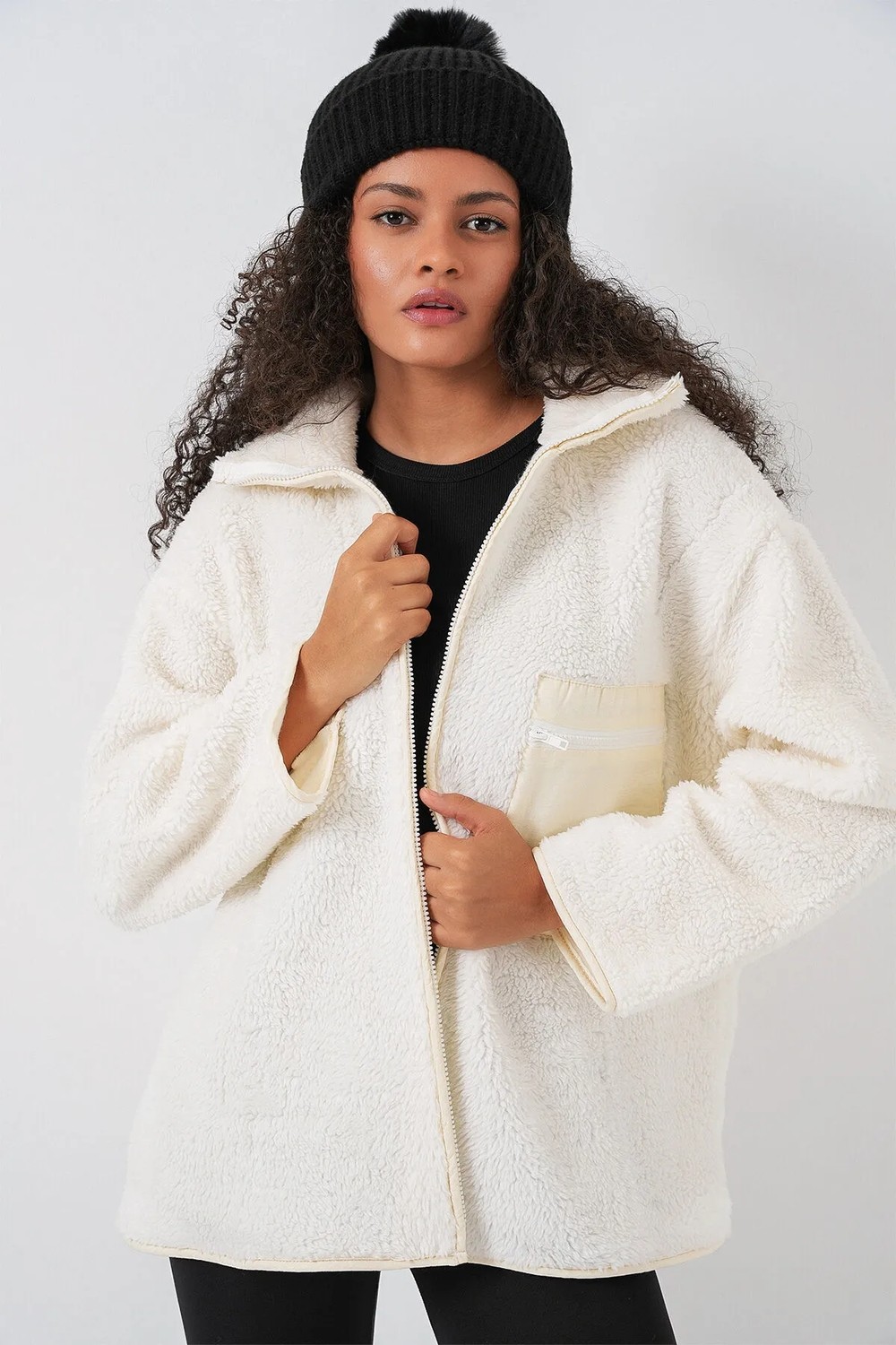 Bigdart 55446 Fermuarlı Oversize Peluş Ceket Mont - A.beyaz görsel 7