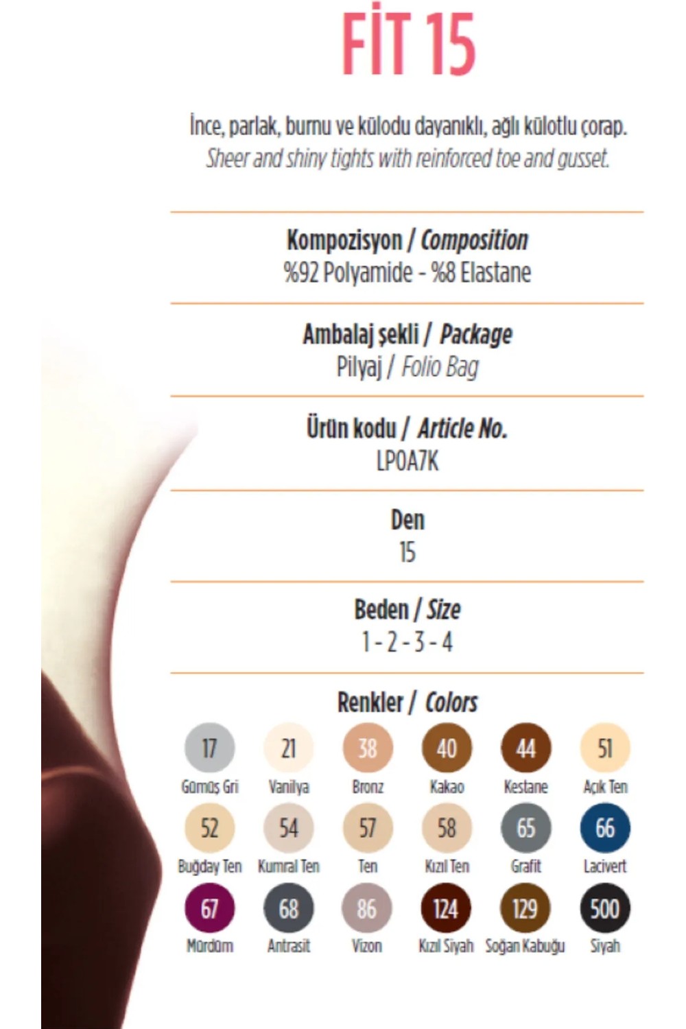 Penti 51 Numara. Açık Ten. Fit. Parlak. 15 Den. Ince. Burnu ve Külodu Dayanıklı , Külotlu Çorap. görsel 7