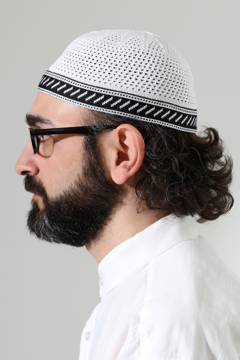 İhvan Online Milad Şerit Detaylı Namaz Takkesi, Desenli Makine Örgüsü Takke - Beyaz görsel 6