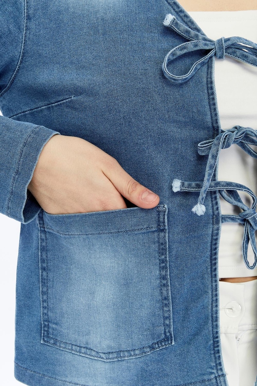 Select Moda Kadın Denim V Yaka Önden Cepli Bağlama Detaylı Ceket/hırka görsel 8