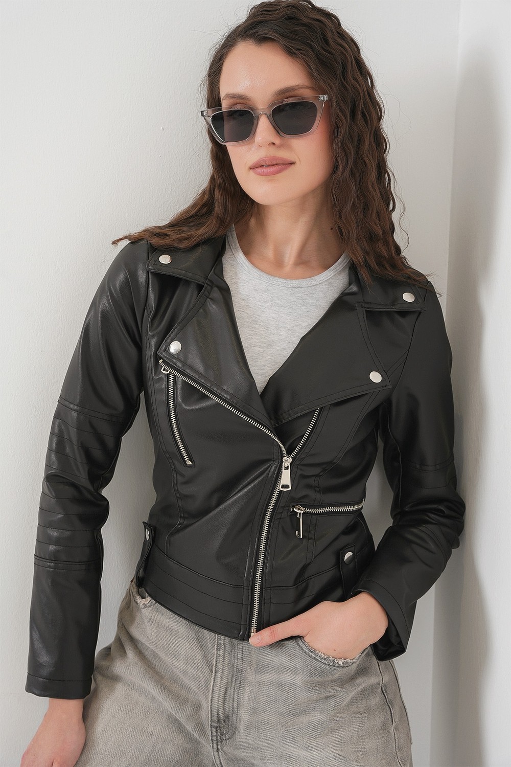 Bigdart Kadın Suni Deri Biker Ceket Düz Siyah 1025 Modeli Şık Tasarım Özellikleriyle görsel 8