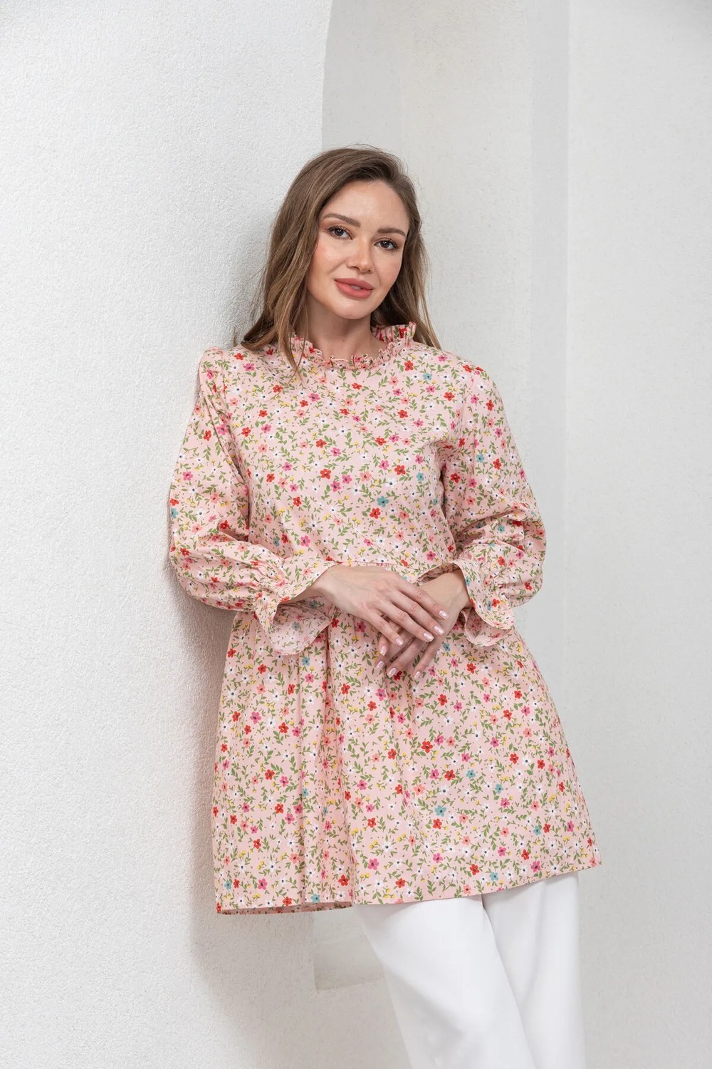 Küçüğüm Butik Çiçekli Fırfır Yakalı Poplin Tunik Kadın İçin Pudra Renk L - XL Beden görsel 5