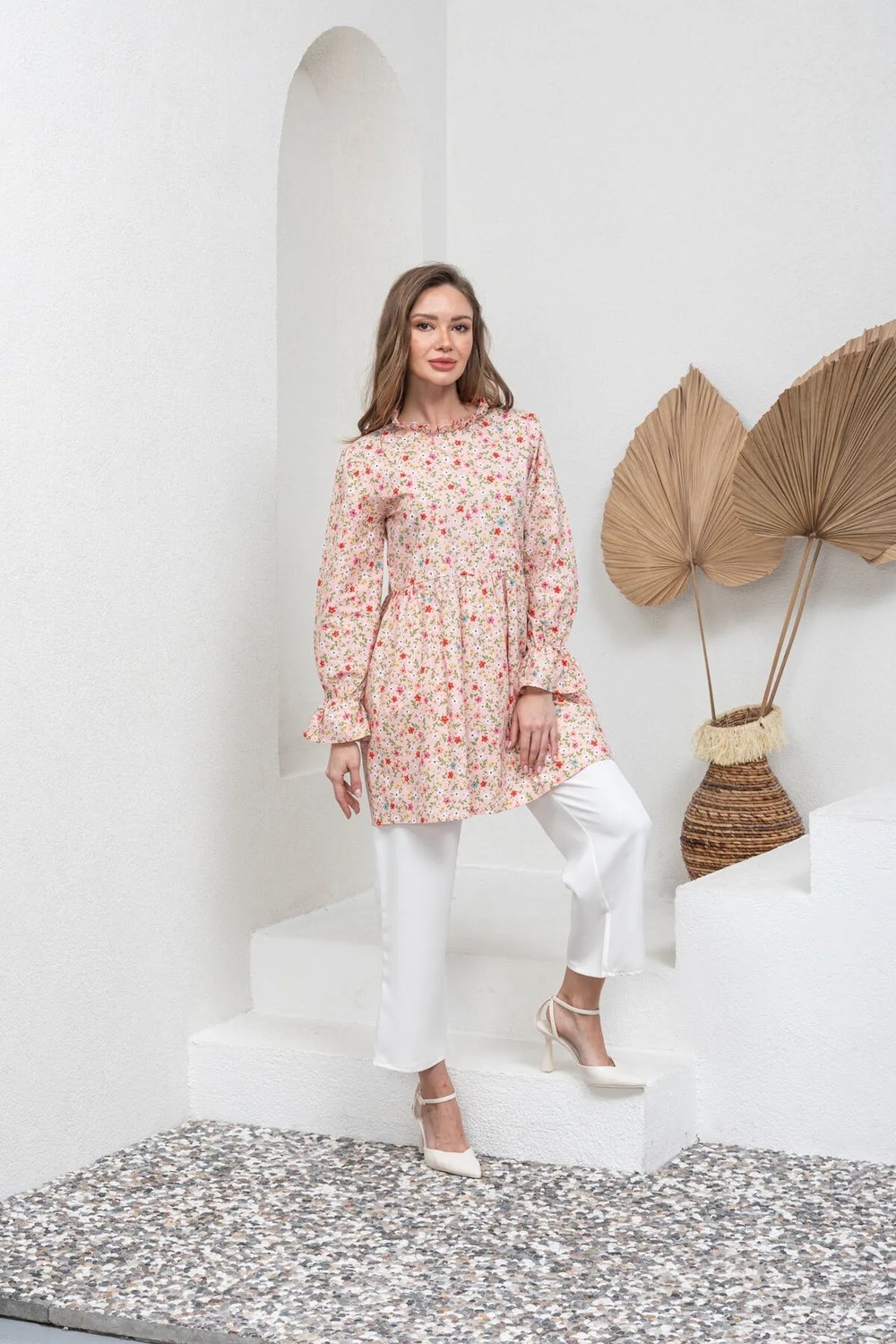 Küçüğüm Butik Çiçekli Fırfır Yakalı Poplin Tunik Kadın İçin Pudra Renk L - XL Beden görsel 6