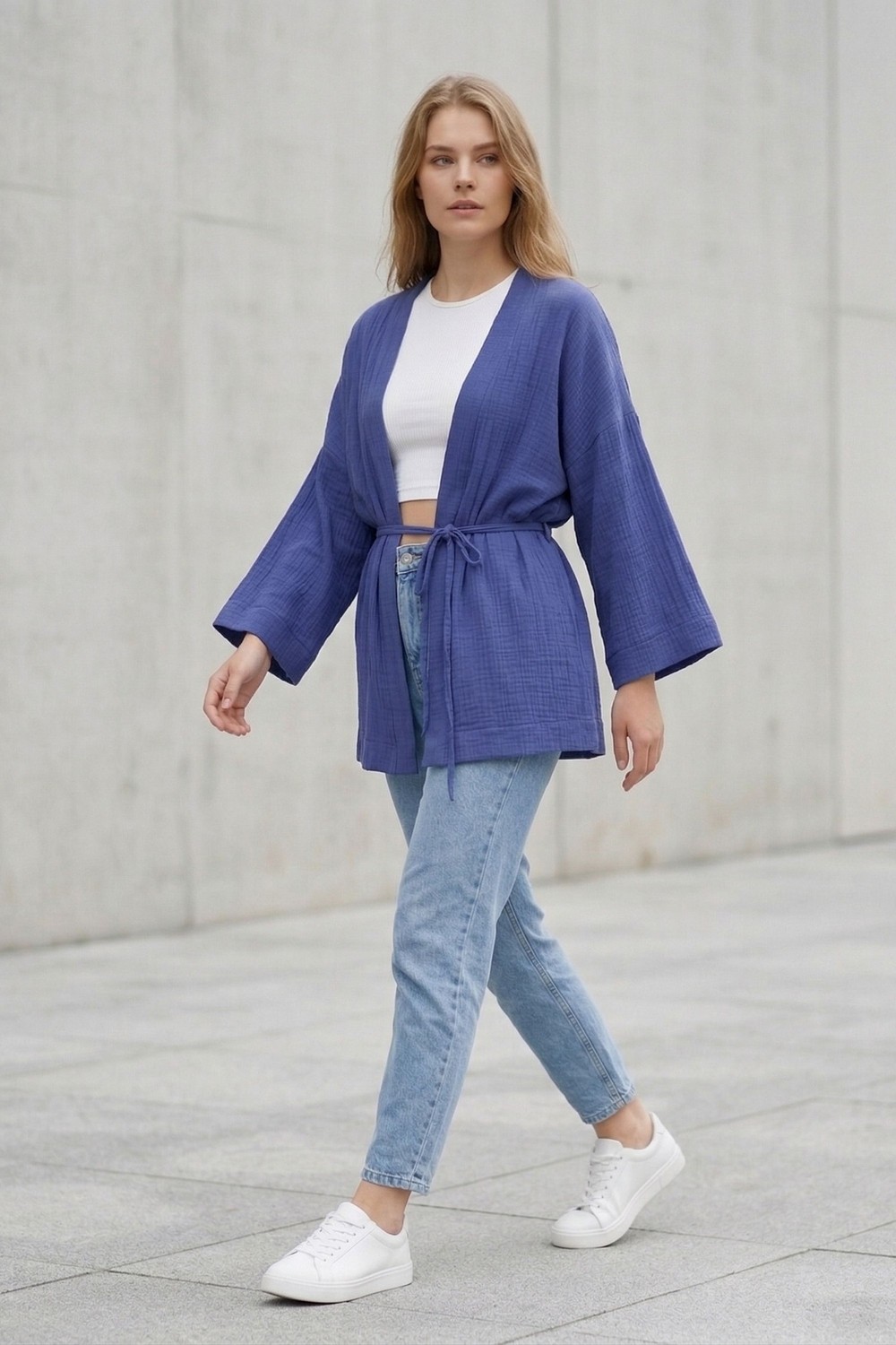 Lupinn Kadın Mor Kimono Ceket Oversize Bağlamalı Salaş Yazlık Kimono Hırka görsel 2