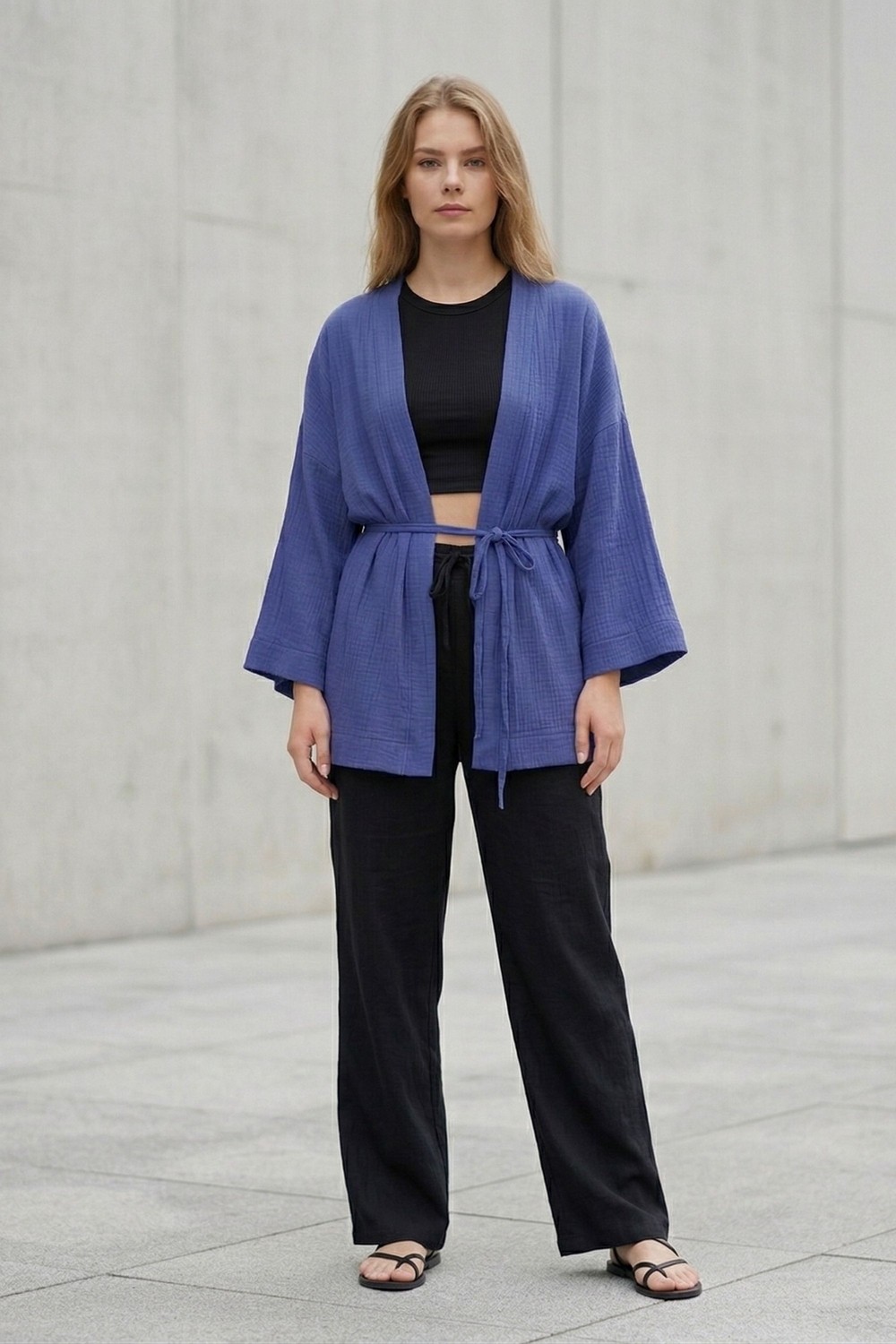 Lupinn Kadın Mor Kimono Ceket Oversize Bağlamalı Salaş Yazlık Kimono Hırka görsel 5