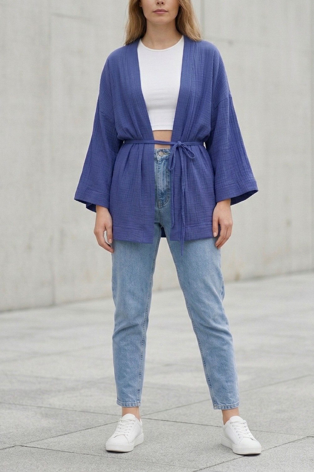 Lupinn Kadın Mor Kimono Ceket Oversize Bağlamalı Salaş Yazlık Kimono Hırka görsel 6