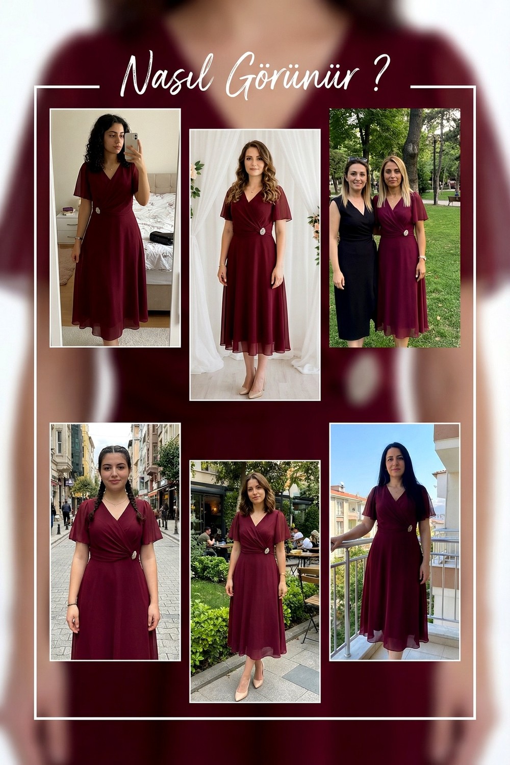 ZKS Grup Tekstil -Kadın Büyük Beden Kruvaze Broş Detaylı Şifon Midi Abiye Bordo, Siyah görsel 8