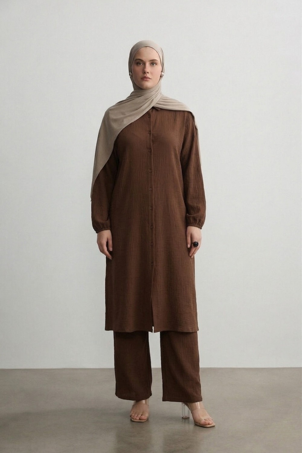 Şuranur Bürümcük Gömlek Yaka Tunik Takım Düğmeli Tesettüre Uygun 2xl 6xl