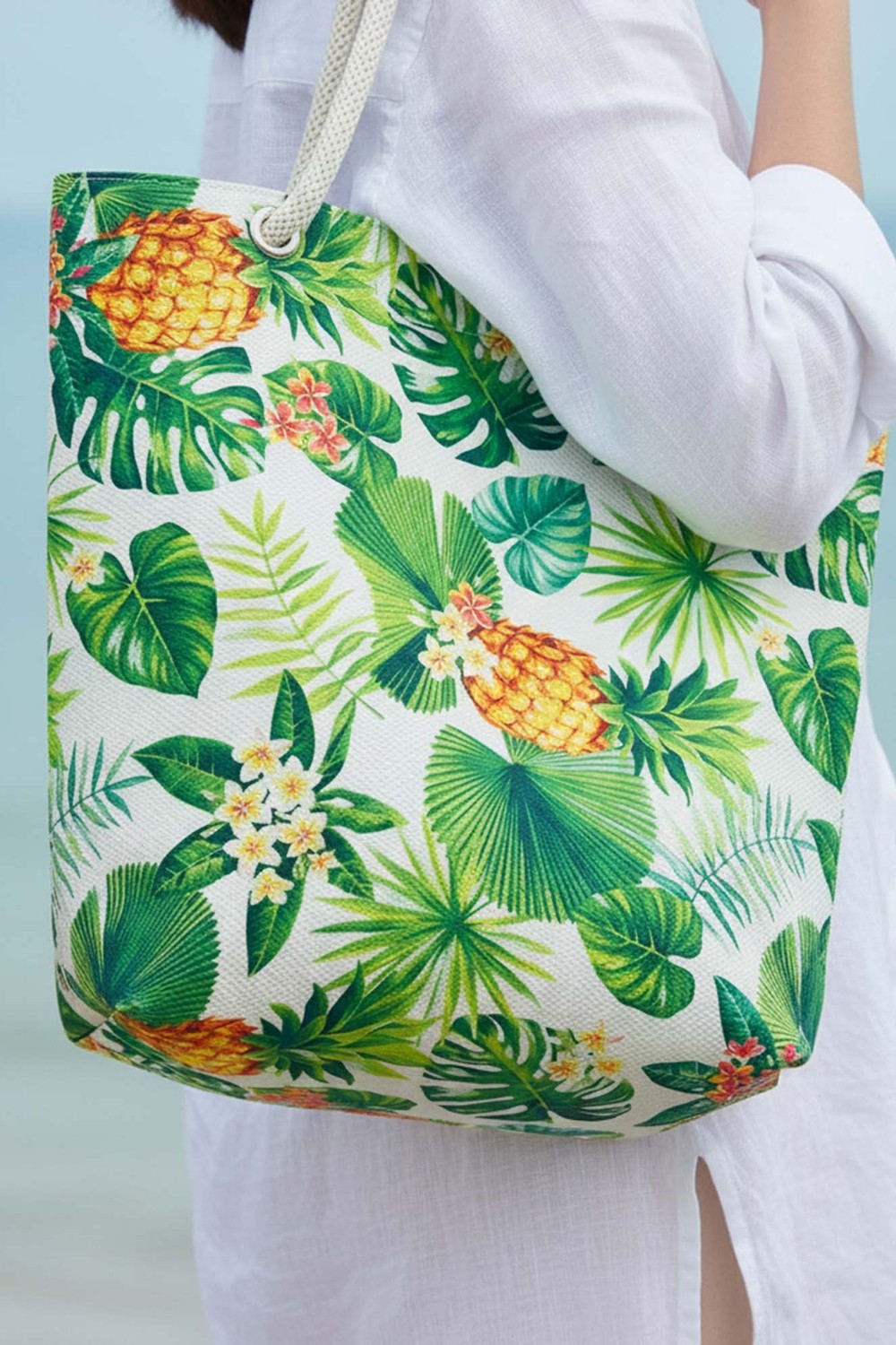 Ananas Yaprak Desenli Plaj Çantası görsel 5