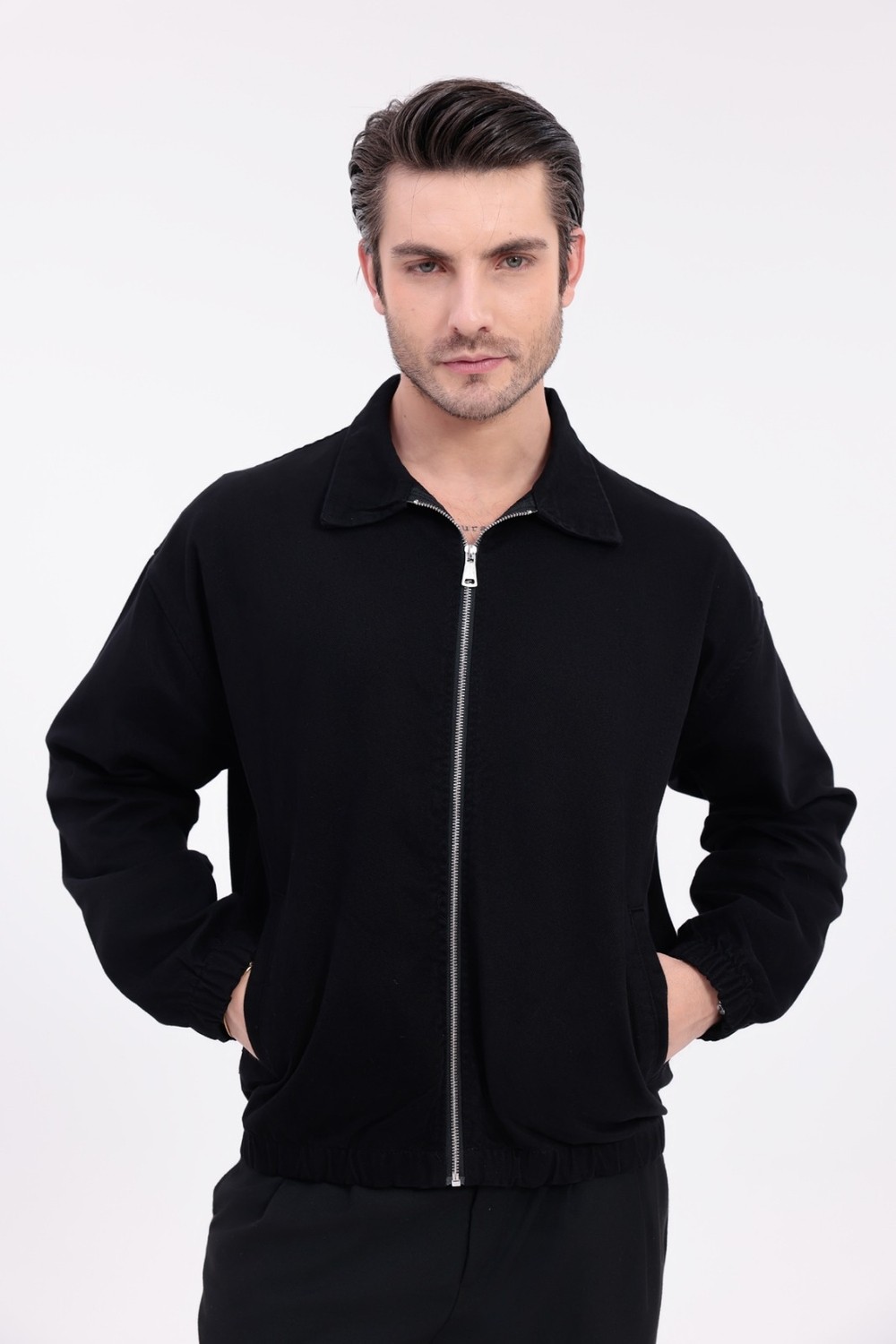Mero Life Erkek Basic Old Money Fermuarlı Oversize Mevsimlik Polo Yaka Gabardin Kumaş Ceket görsel 2