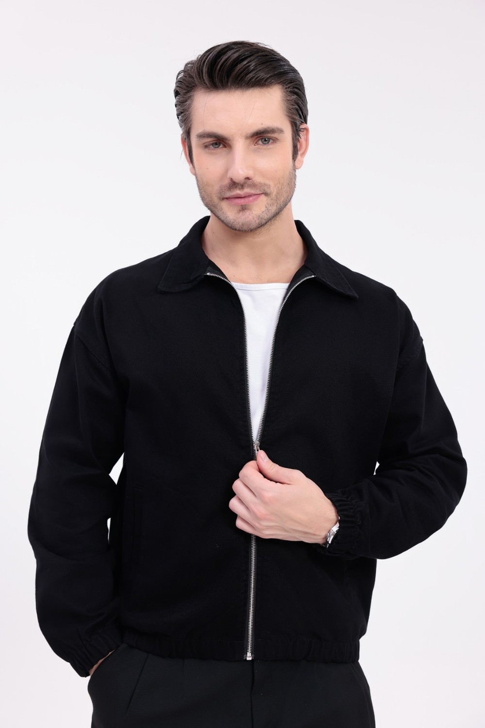 Mero Life Erkek Basic Old Money Fermuarlı Oversize Mevsimlik Polo Yaka Gabardin Kumaş Ceket görsel 4
