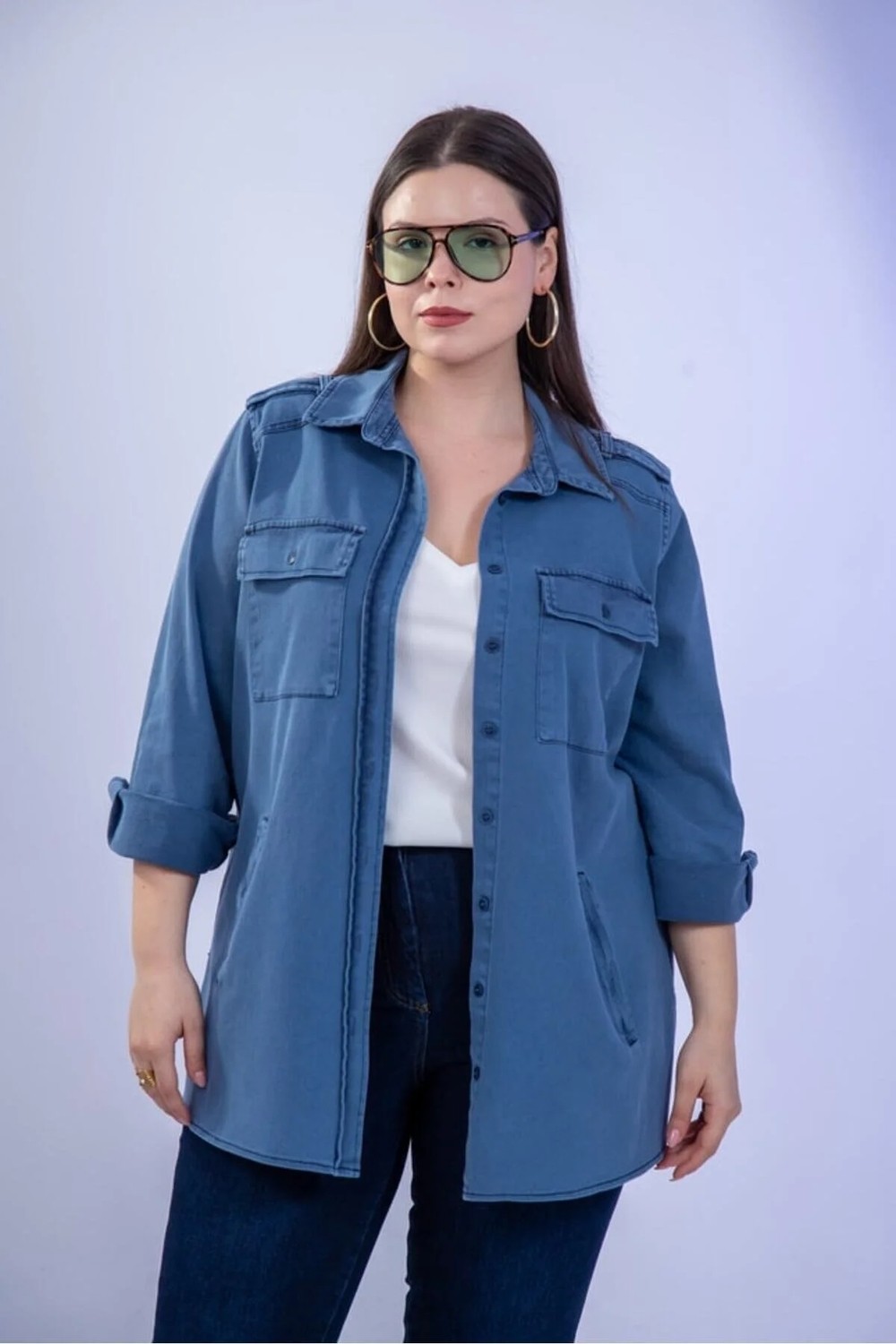Roxxlen Büyük Beden Kadın Gabardin Cep Detaylı Gömlek Lacivert görsel 3