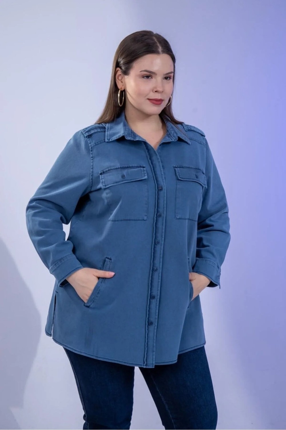 Roxxlen Büyük Beden Kadın Gabardin Cep Detaylı Gömlek Lacivert görsel 6