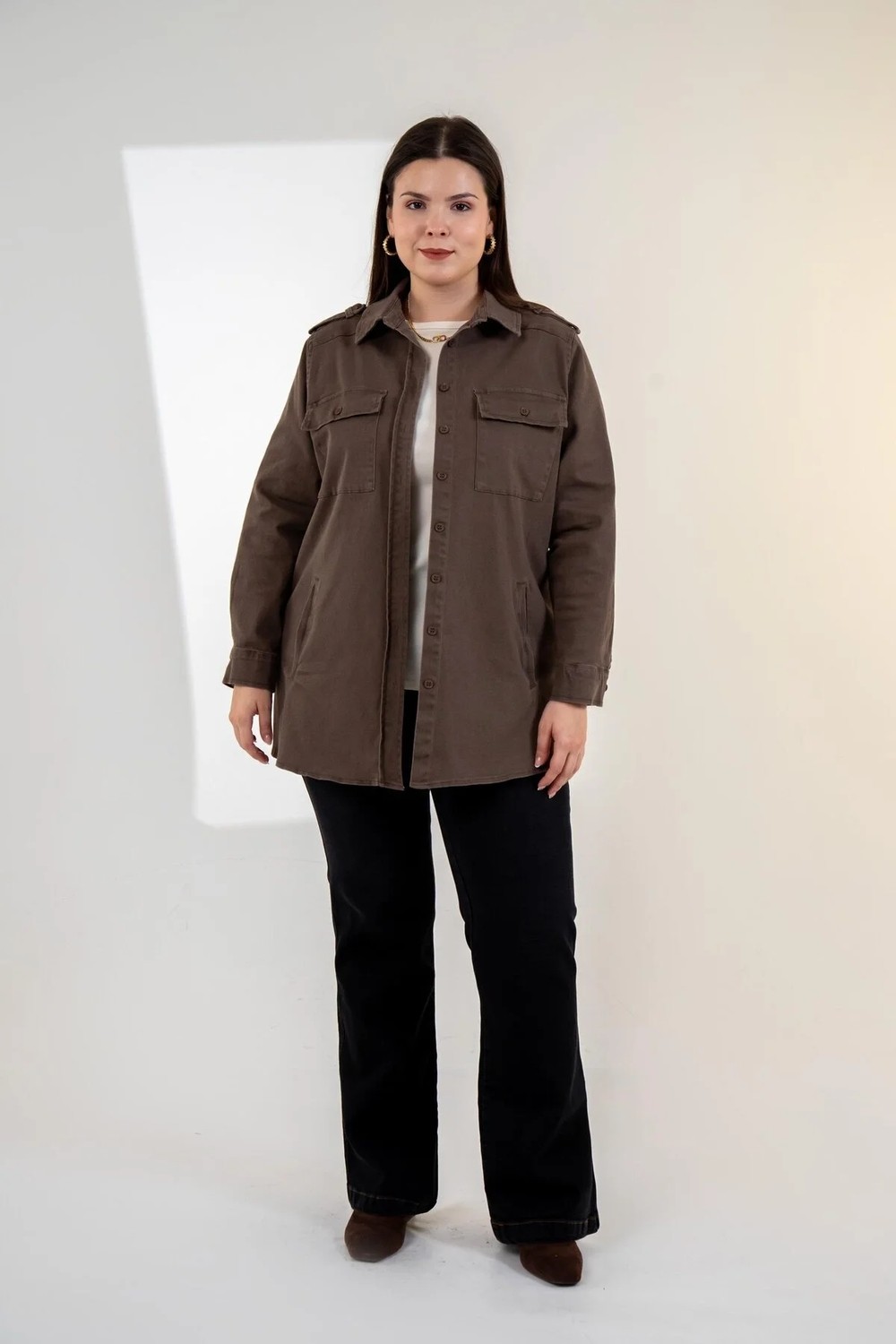 Roxxlen Büyük Beden Kadın Gabardin Cep Detaylı Gömlek Lacivert görsel 2