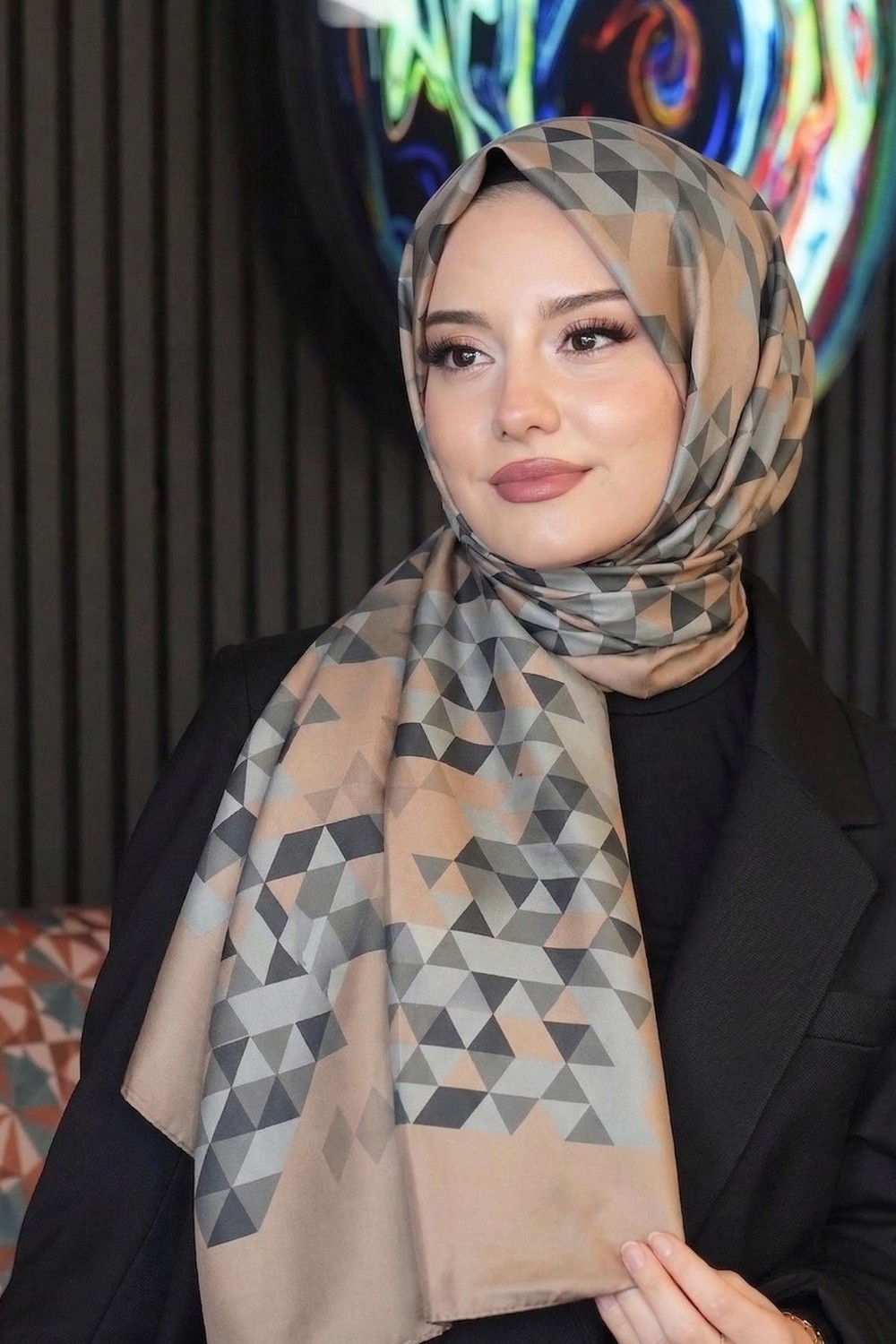 Afvente Mermer Desen Siyah Soft Pamuk Şal - Çok Renkli22