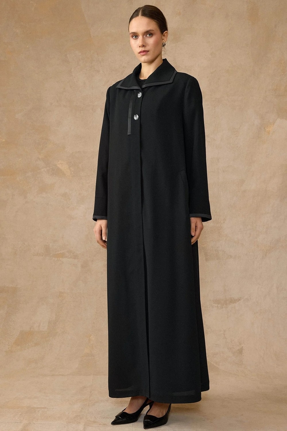 Olcay Mendil Yaka Saten Detaylı Astarlı Büyük Beden Pardesü Siyah 6824 görsel 4