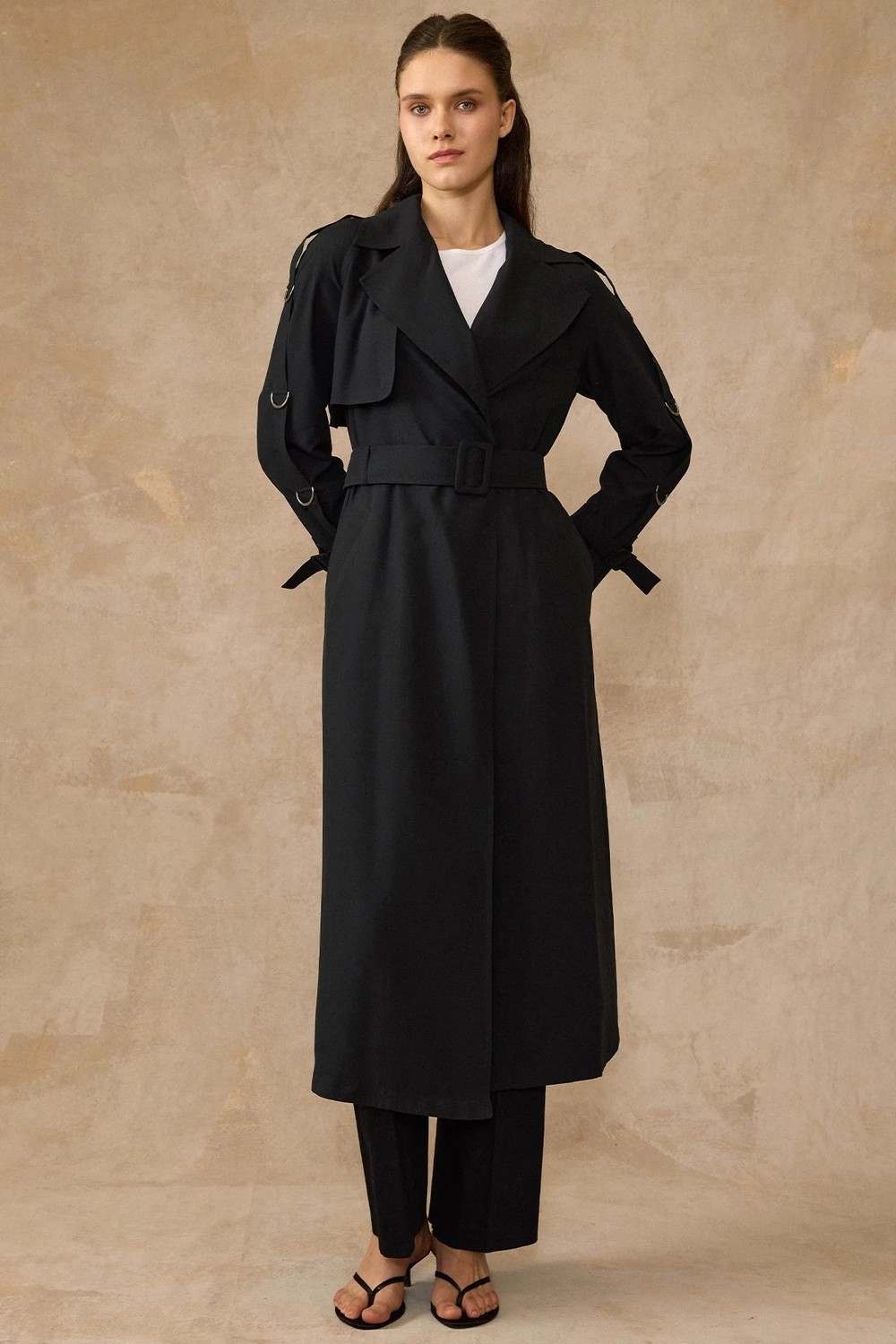 Olcay Kolları Metal Aksesuarlı Astarsız Soft Kumaş İnce Trençkot SİYAH 6842 görsel 2