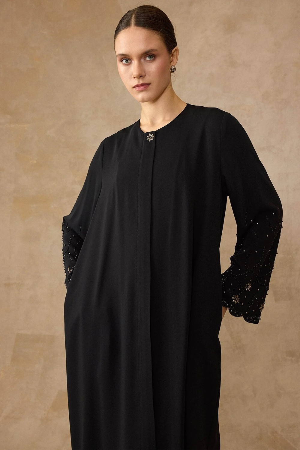 Olcay Kolları Taş ve İnci Desenlii Ferace SİYAH 6846 görsel 6