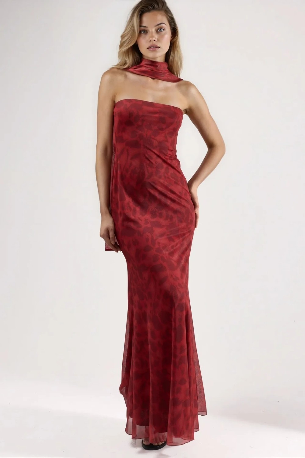 Hiccup Kadınlar Straplez Çiçek Desenli Tül Kuşaklı Bodycon Maxi Elbise Parlak Turuncu