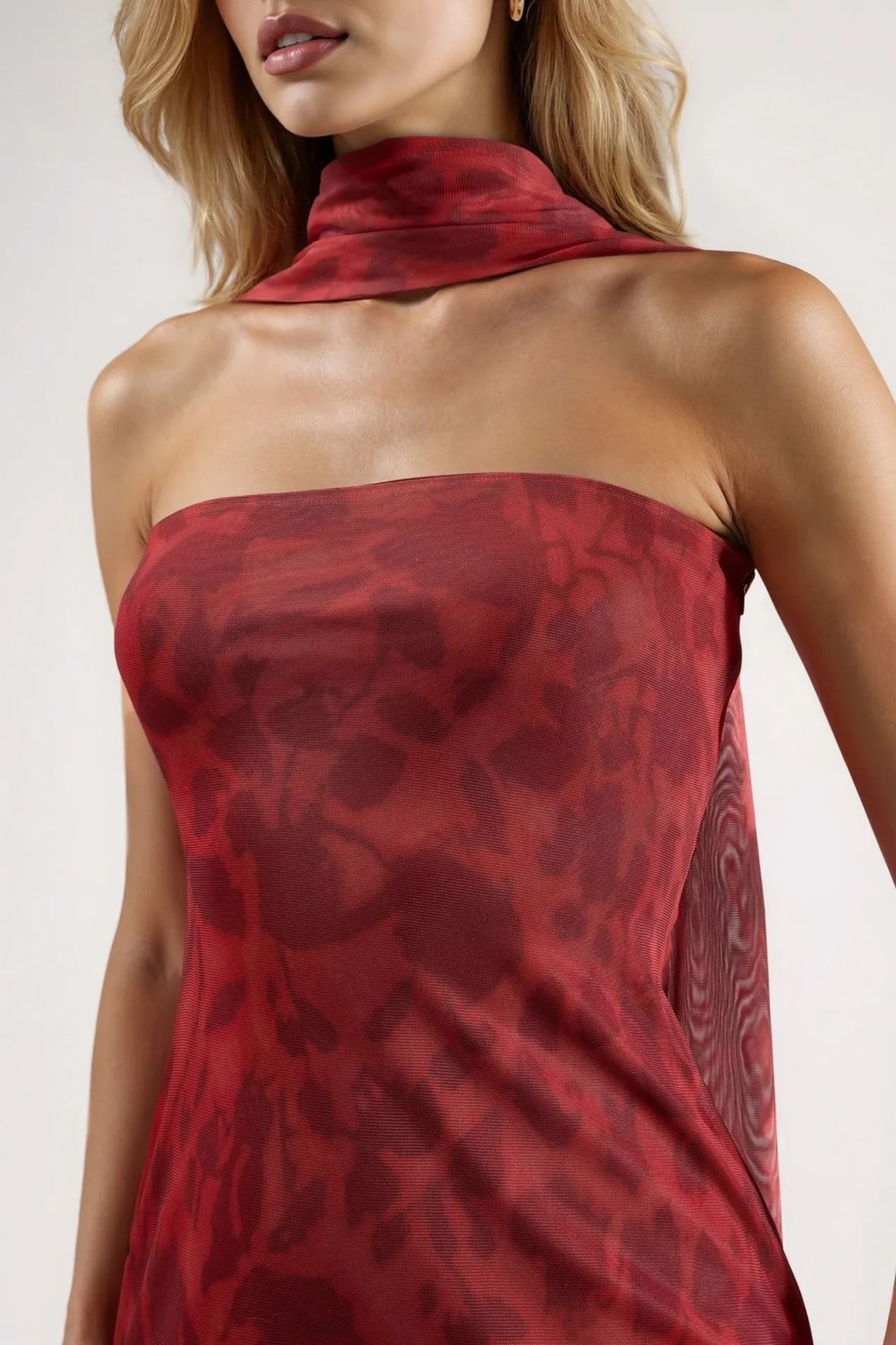 Hiccup Kadınlar Straplez Çiçek Desenli Tül Kuşaklı Bodycon Maxi Elbise Bebek Mavisi görsel 6