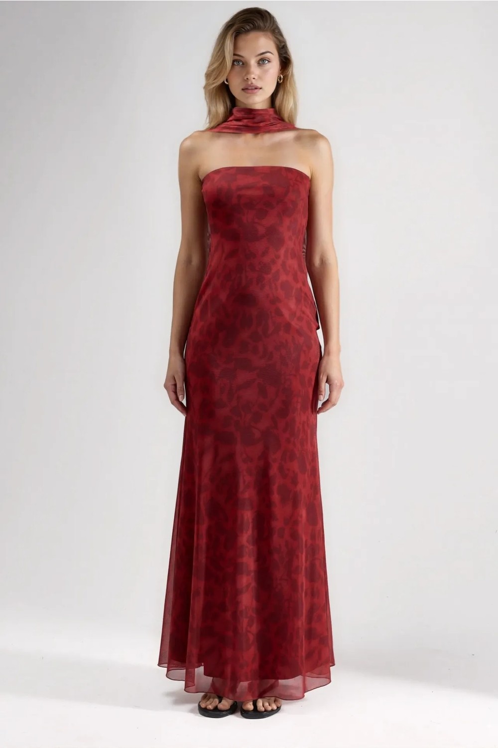 Hiccup Kadınlar Straplez Çiçek Desenli Tül Kuşaklı Bodycon Maxi Elbise Bebek Mavisi görsel 7