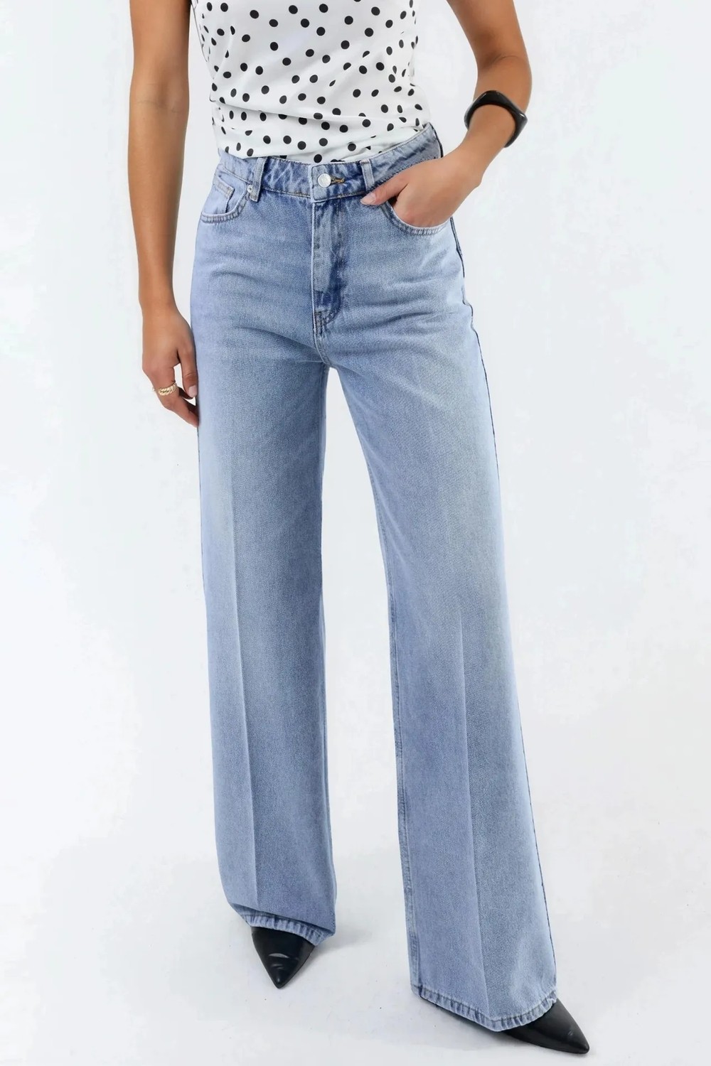 Hiccup Kadınlar Geniş Paça Raw Kot Pantolon Koyu Mavi Denim