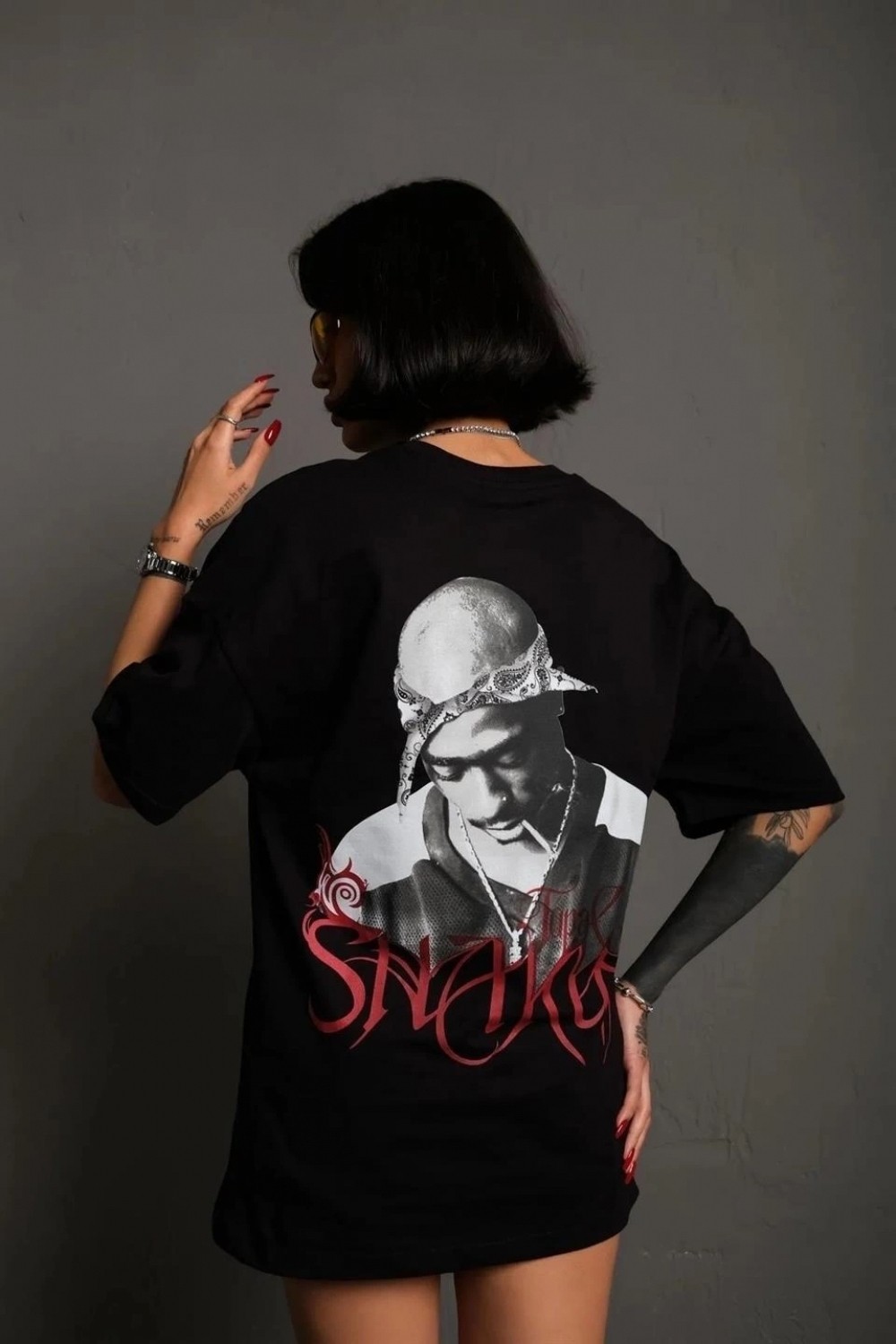 Marsilyan Kadın Baskılı T-Shirt Oversize kısa Kol Bisiklet Yaka Tişort- Siyah