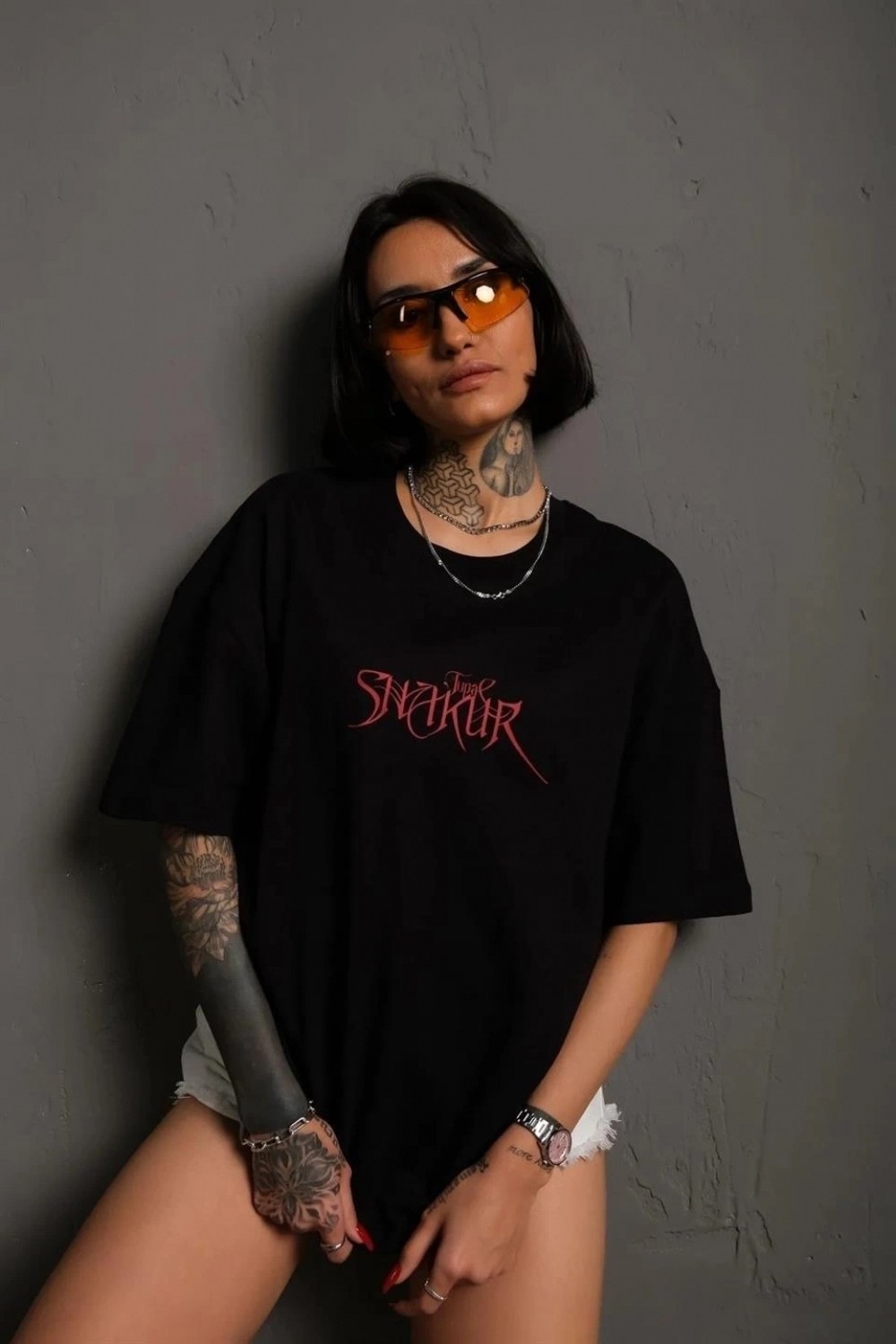 Marsilyan Kadın Baskılı T-Shirt Oversize kısa Kol Bisiklet Yaka Tişort- Siyah görsel 2