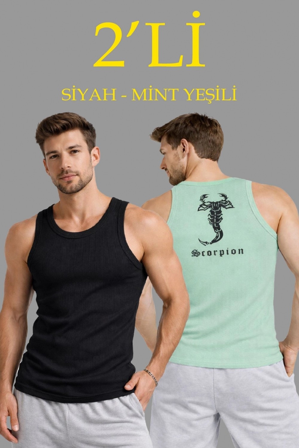 Marsilyan Erkek Spor Slimfit Fitilli Kaşkorse Arka Basklı Atlet 2'li Set Siyah-Mint Yeşili
