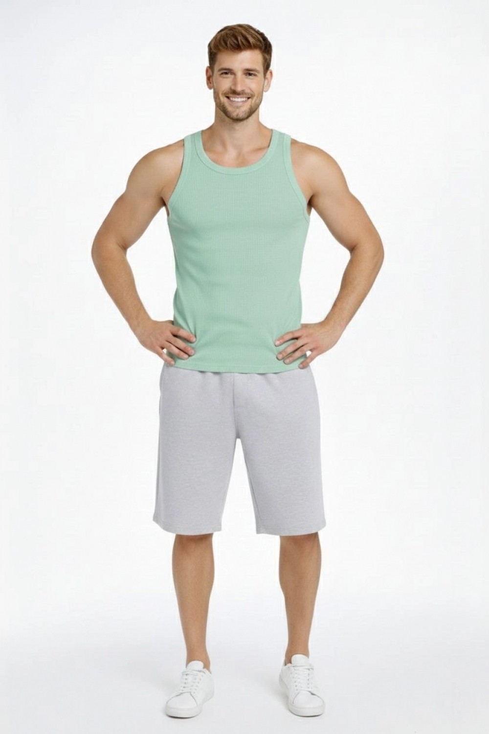 Marsilyan Erkek Spor Slimfit Fitilli Kaşkorse Arka Basklı Atlet 2'li Set Siyah-Mint Yeşili görsel 5