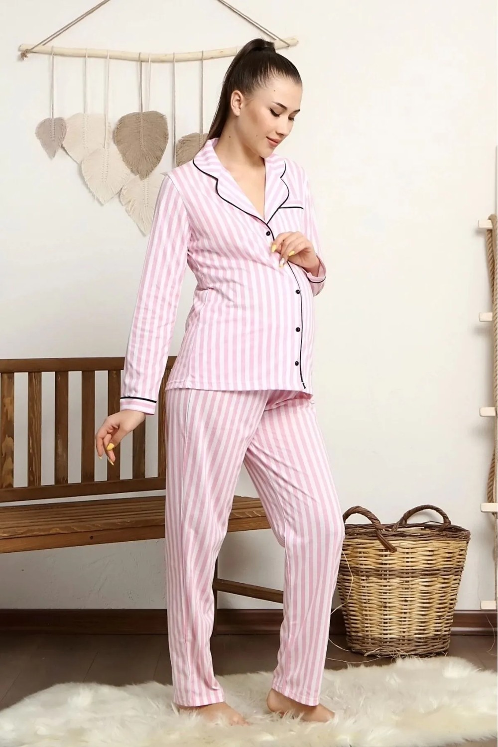 Likapa Penye Uzun Kol Hamile Pijama Takımı Önden Düğmeli Premium Kumaş ile Rahat Kullanım görsel 8