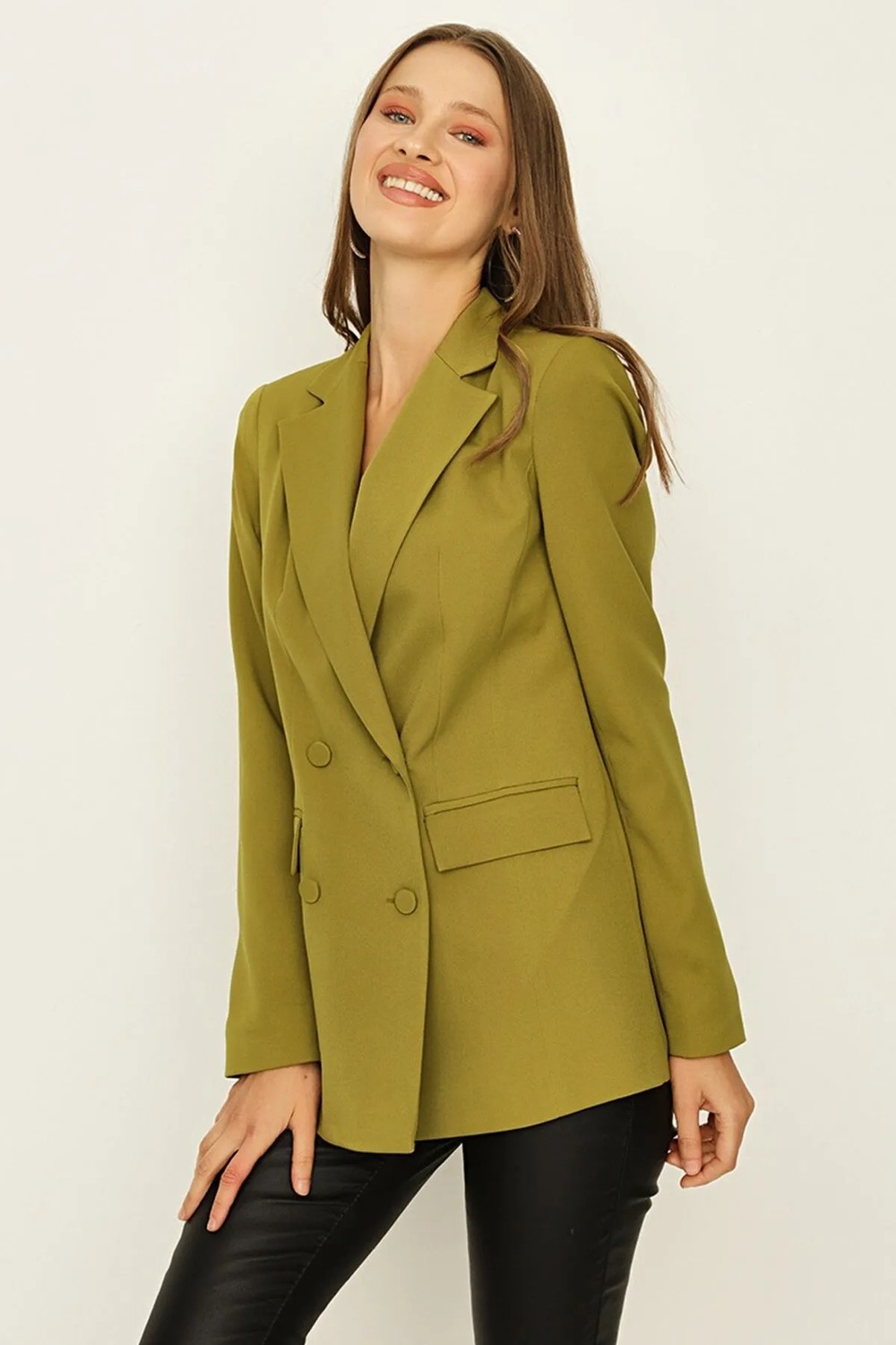 Select Moda Kadın Düğmeli Kruvaze Blazer Ceket Polyester Yeşil Renk Modern Tasarım görsel 5