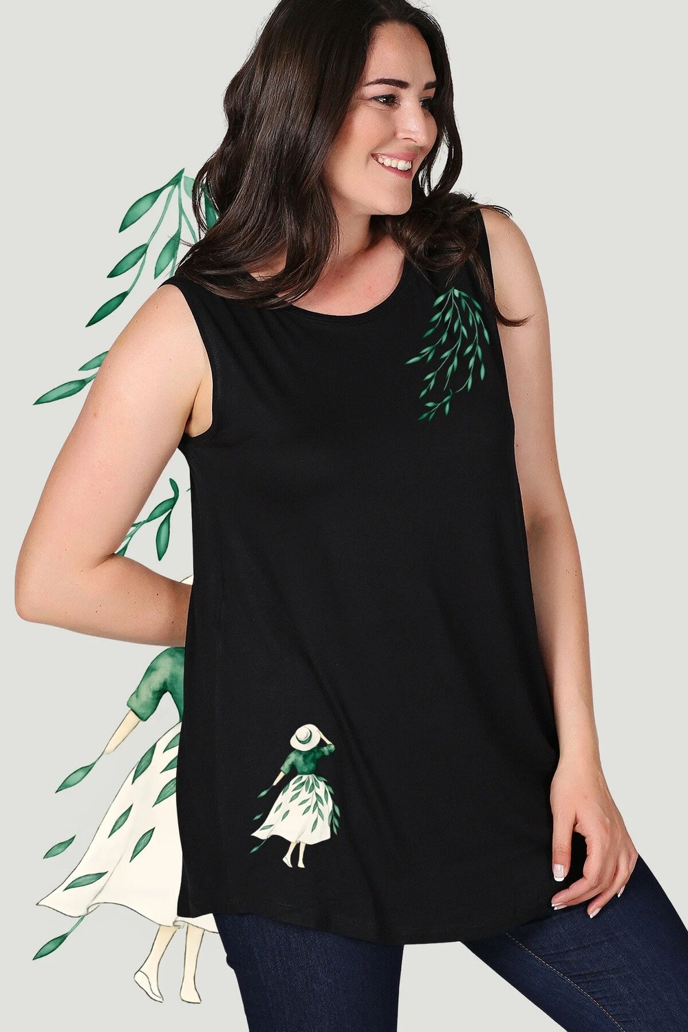 Curvy Trend Büyük Beden Kız ve Yapraklar Baskılı Kolsuz Viskon Basic Bluz