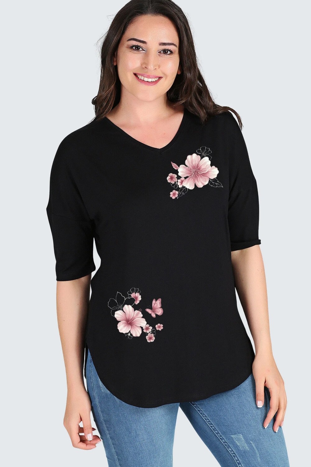 Curvy Trend Büyük Beden Hibiskus Çiçek Baskılı Yarım Kol Yan Yırtmaç Bluz