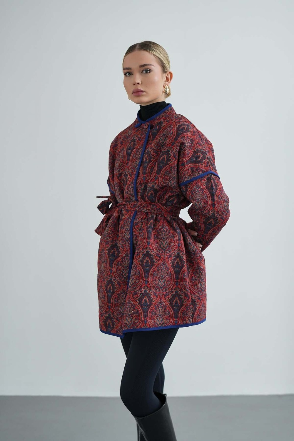 Molly Nelly Kadın Yandan Bağlamalı Tasarım Kimono Ceket Midi Boy Retro Desenli Şık Silüet görsel 6