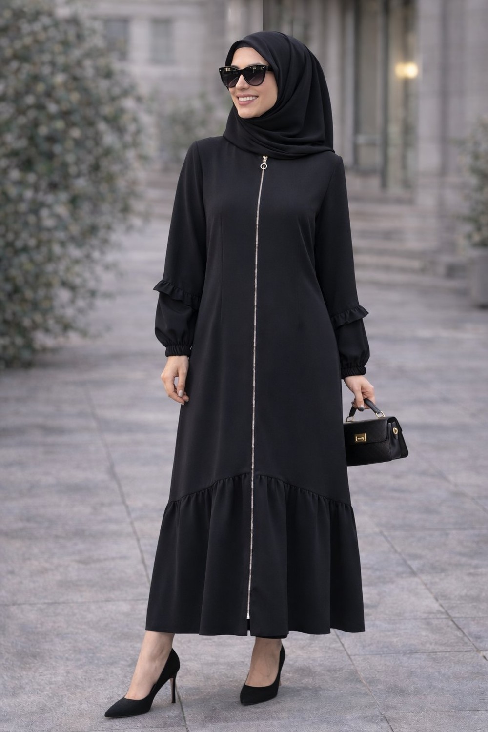 Fresh Moda Kadın Fermuarlı Fırfır Detaylı Günlük Rahat Kesim Ferace görsel 4