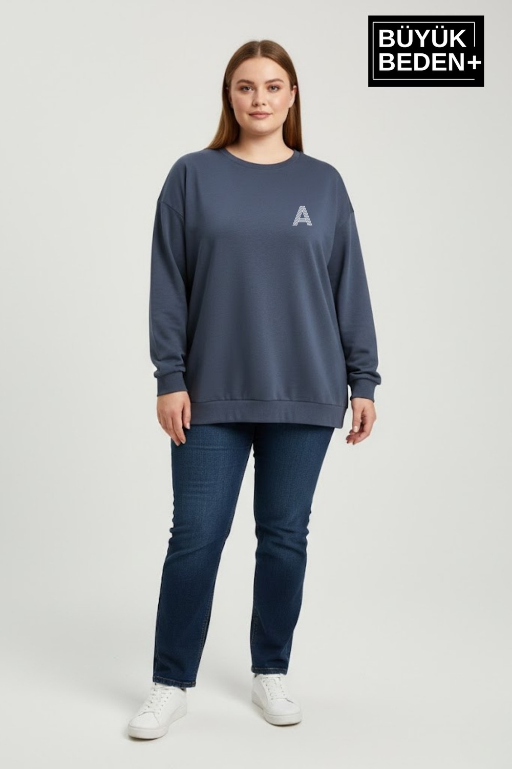 Superlife Kadın Büyük Beden A Baskılı Bisiklet Yaka Ince Sweatshirt SPR26BSWK956-12 görsel 4